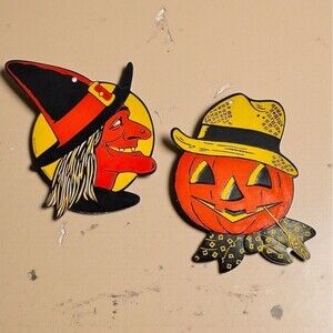 Vintage H.E. Luhrs Halloween Die Cut Witch Pumpkin Wall Decor USA Set 2 MCM